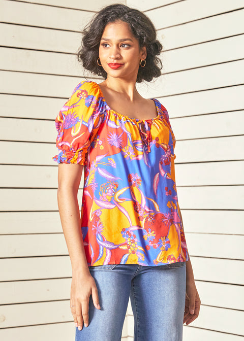 Blusa campesina In All My Vibrance con estampado floral balinés (Venta final)-1