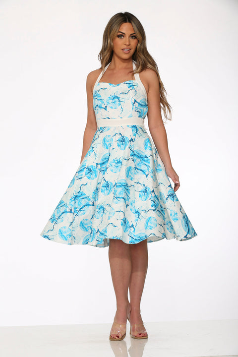 Vestido halter floral blanco y azul-5