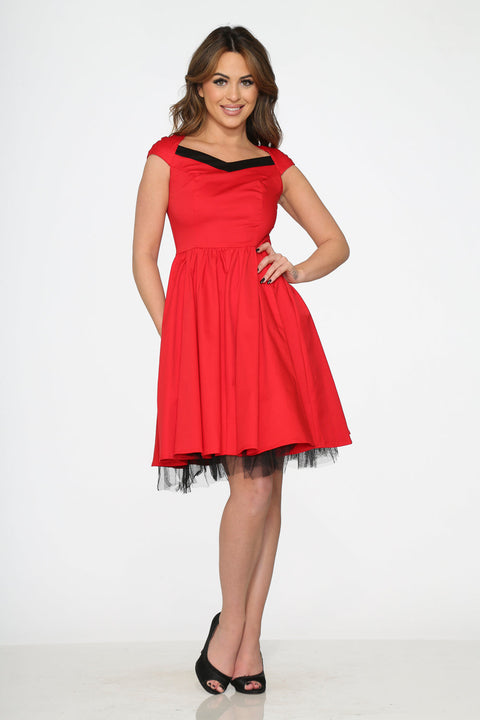 Vestido swing con ribete rojo y negro-3