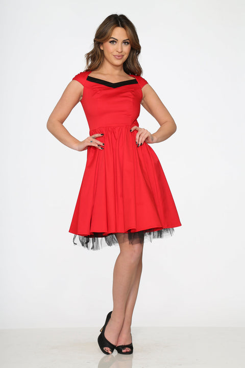 Vestido swing con ribete rojo y negro-4