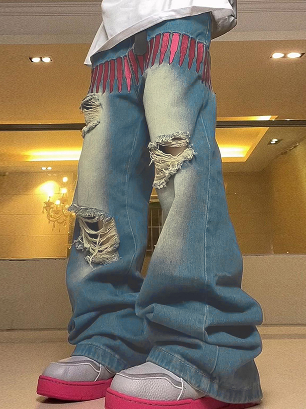Men's Pink Bullet Embroidery Ripped Loose Jeans-4