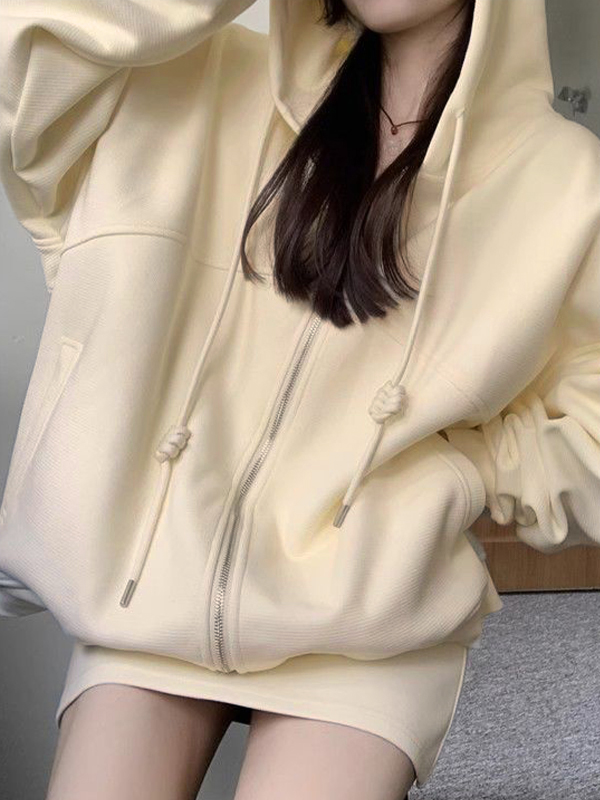 Solid Oversized Hoodie&Mini Skirt Set-2