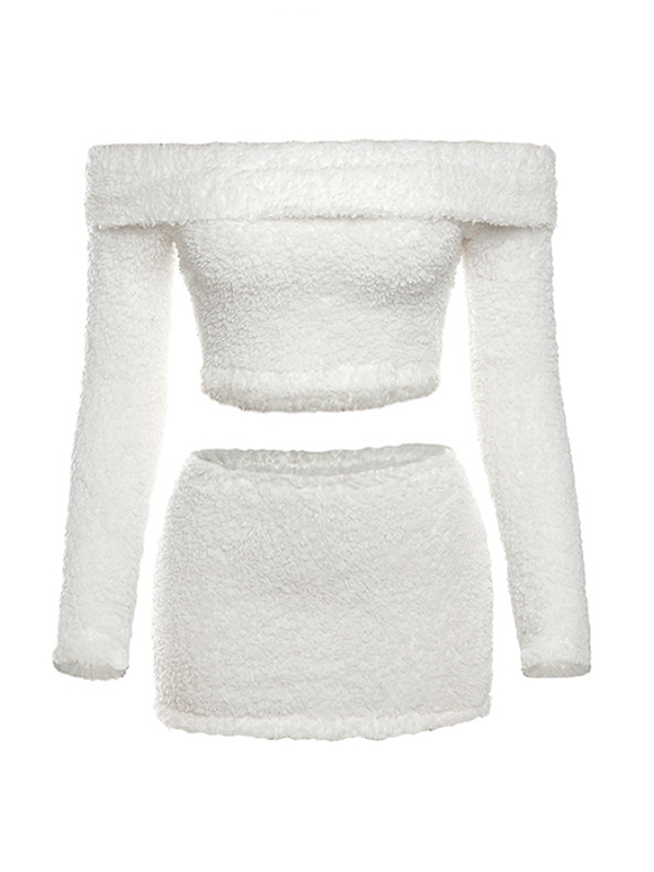 Solid Off Shoulder Fuzzy Long Sleeve Tee&Mini Skirt Set-5