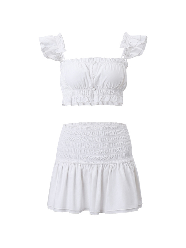 Solid Smocked Lettuce Trim Cami Top&Pleated Mini Skirt Set-6