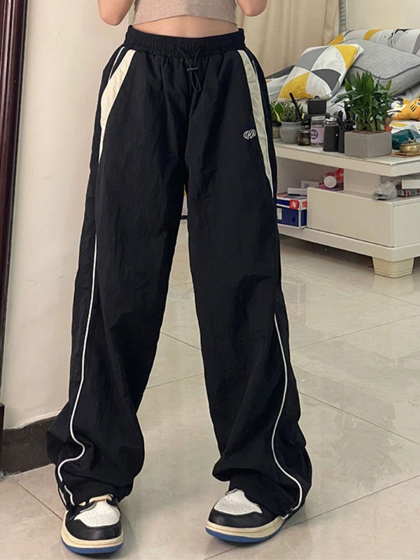 Contrast Piping Black Baggy Sweatpants-1