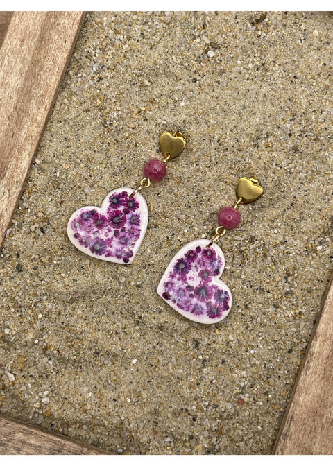 Pendientes colgantes con forma de corazón y estampado floral - Malva-1