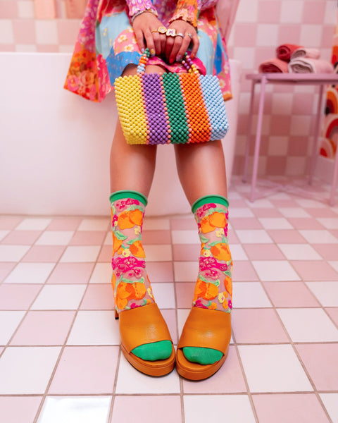 Calcetines redondos transparentes con estampado floral naranja-6