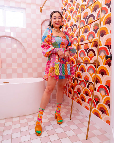 Calcetines redondos transparentes con estampado floral naranja-5