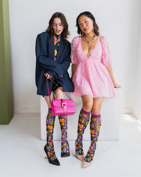 Calcetines altos negros transparentes con corazones estilo Y2K-2