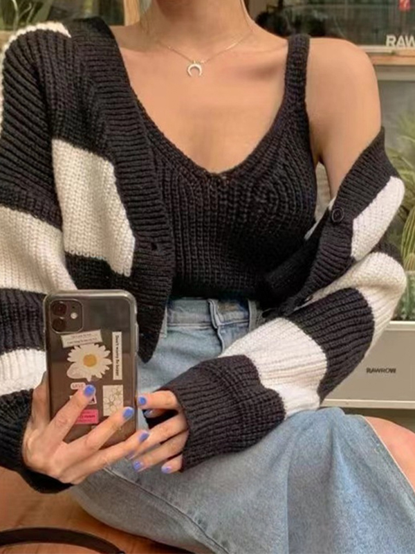 Stripe Splice Short Knit Cardigan-1