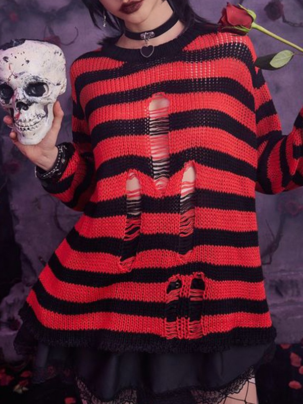 Stripe Cutout Smock Long Sleeve Knit-1