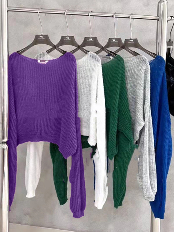 See Through Solid Loose Short Long Sleeve Knit-2