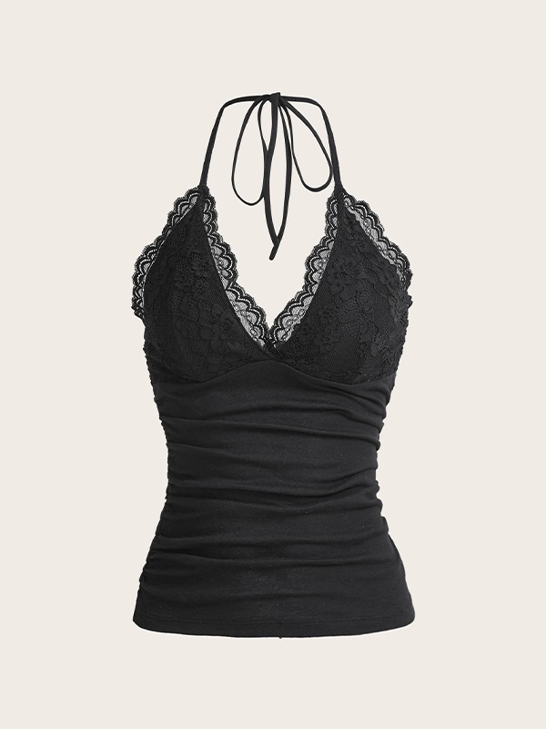 Lace Splice Halter V Neck Backless Cami Top-4